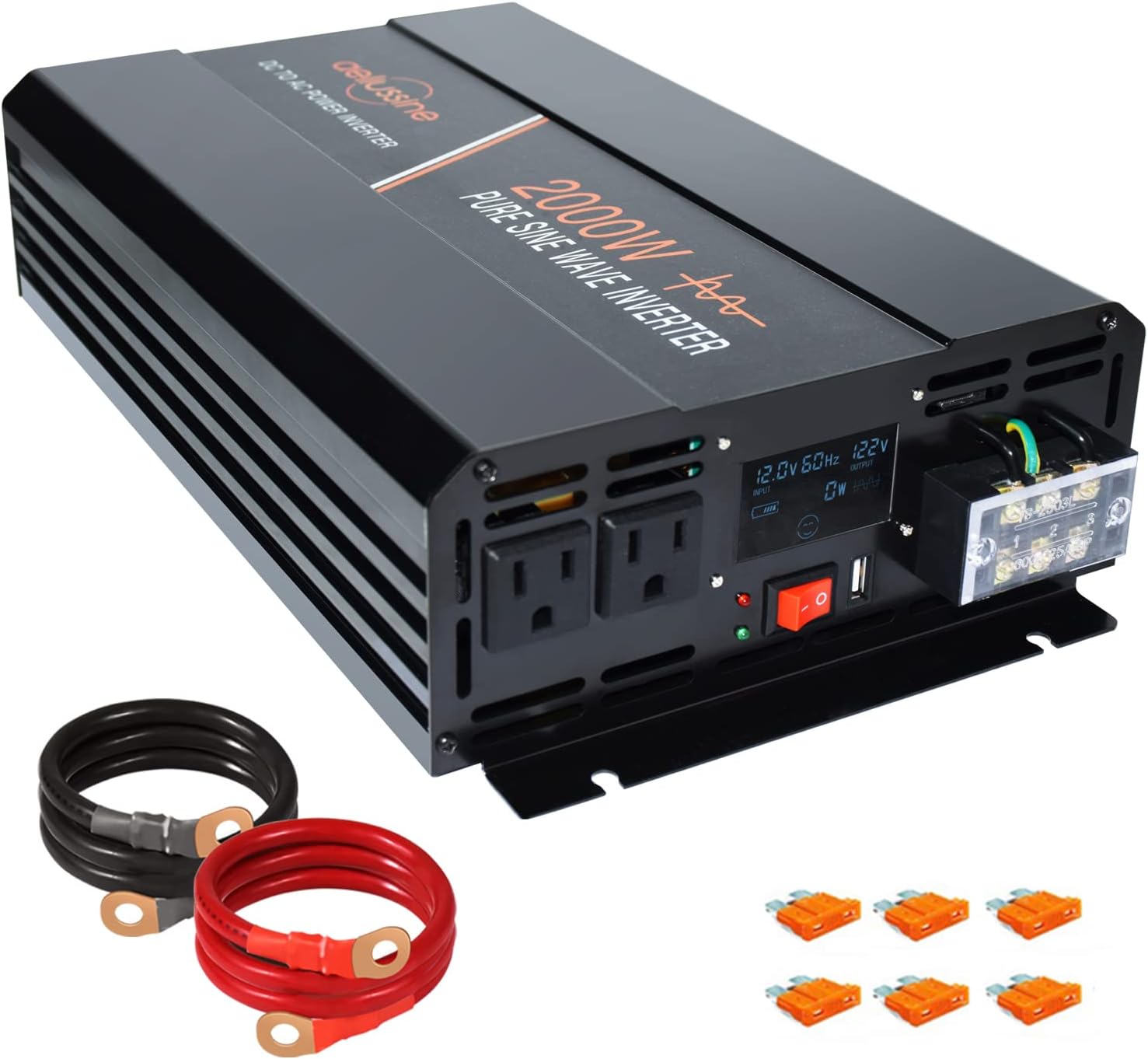 aeliussine Power Inverter 2000W Pure Sine Wave Inverter 12v DC to AC 120v Peak 4000 Watt Converter with LCD Display USB Charge Port for Car RV Boat Solar Power System.