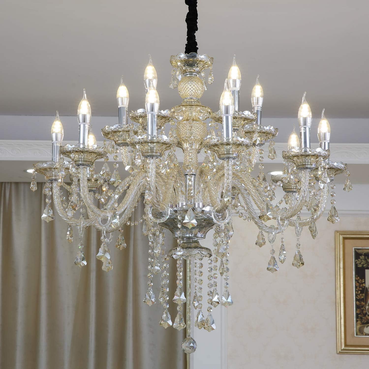 HOMWEERUN LED E12 LED 3 Brightness Cognac Colour Crystal Candle Chandelier Ceiling Lights Fixture Lamp Chandelier Pendant Lights Lighting with 15pcs 5W E12 LED Bulb