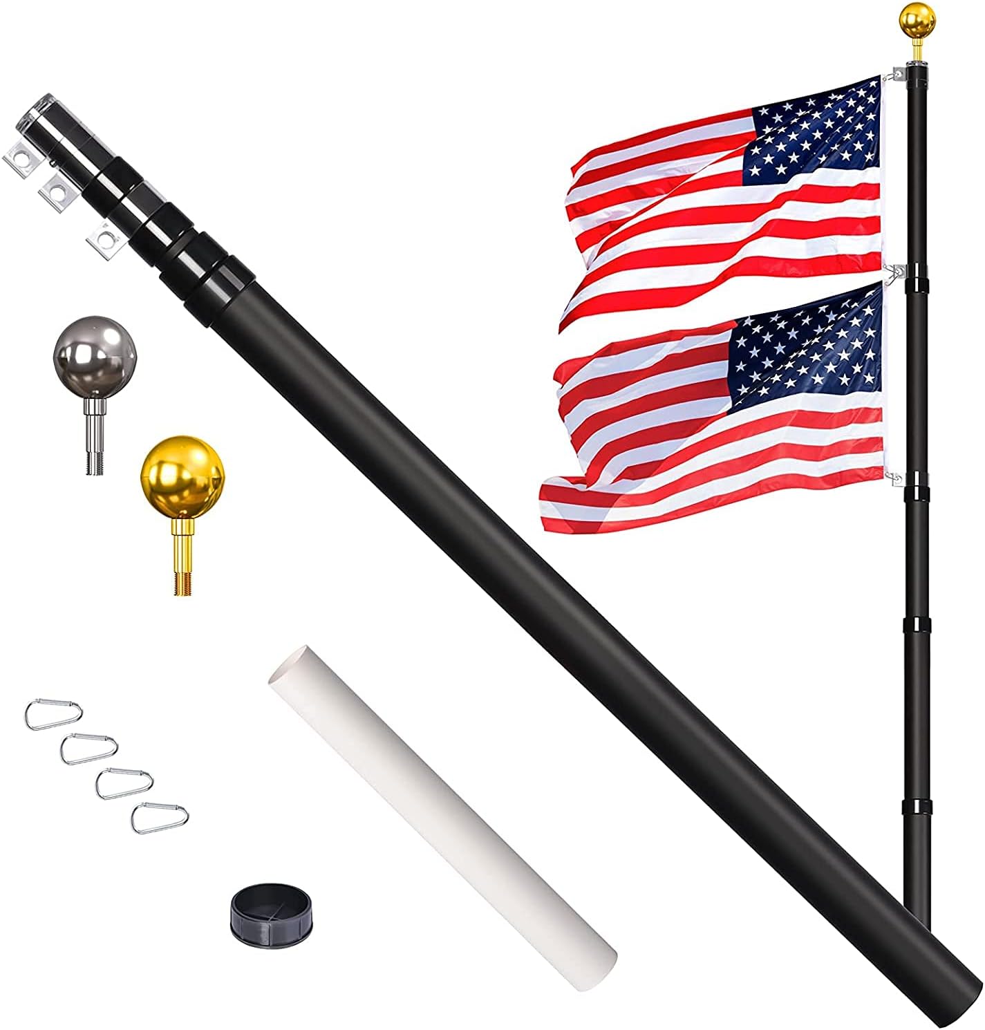WeValor 25ft Telescoping Flag Pole Kit, Heavy Duty Aluminum In Ground Telescopic Flag Pole with 3x5 American Flag, Outdoor Old Glory Flagpole Kits for Outside, Yard, Residential or Commercial, Black