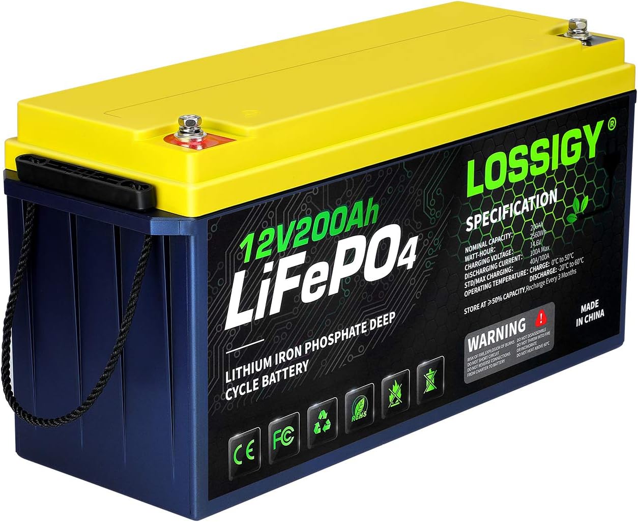 LOSSIGY LiFePO4 Battery 12V 200Ah Deep Cycle Lithium Ion Battery, Built-in 100A BMS, 4000+ Cycles, 280Amp Max, Perfectly replace all RV, Solar systems, Marine Batteries Application, Maintenance-Free