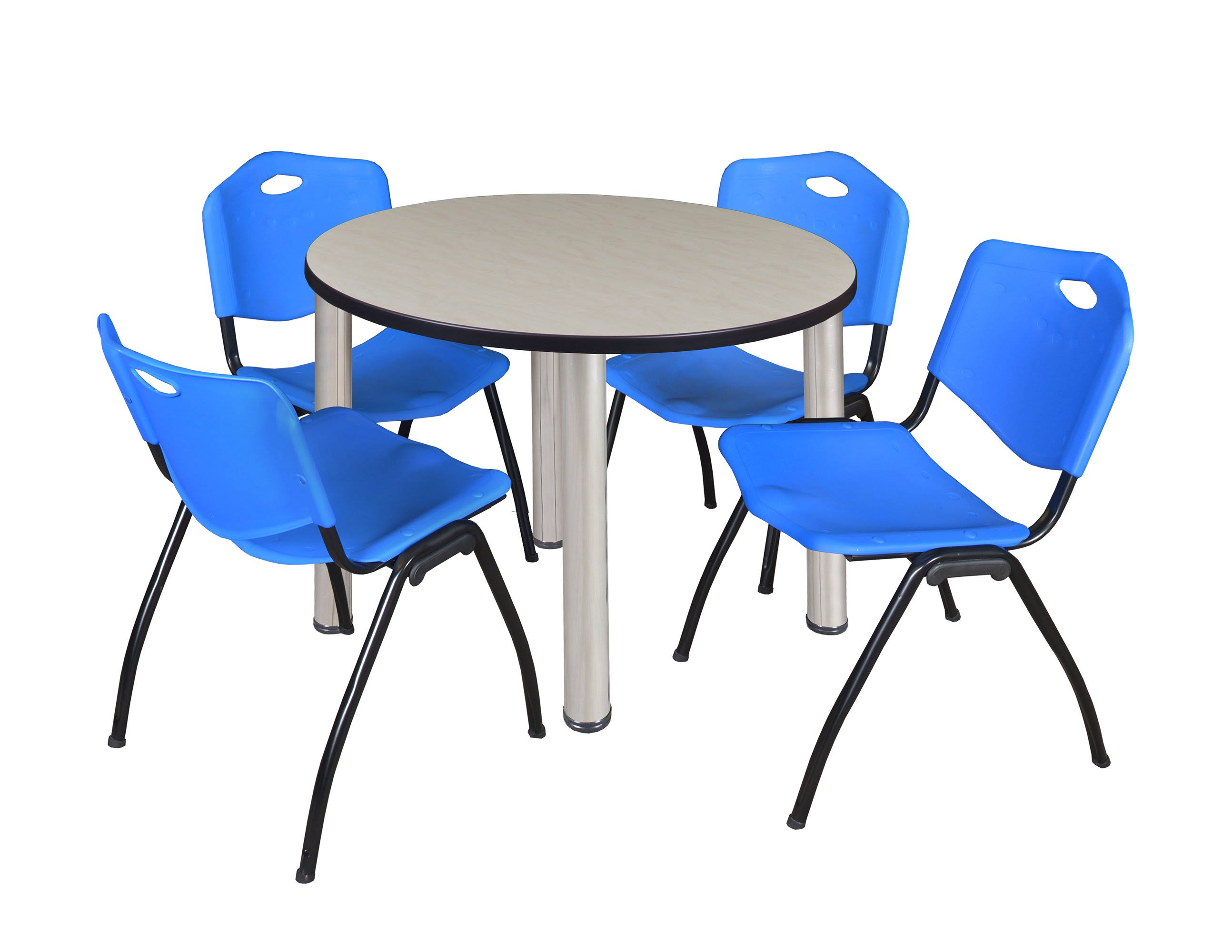Regency Kee 42x22 Round Breakroom Table- Maple/ Chrome u0026 4 &M& Stack Chairs- Blue