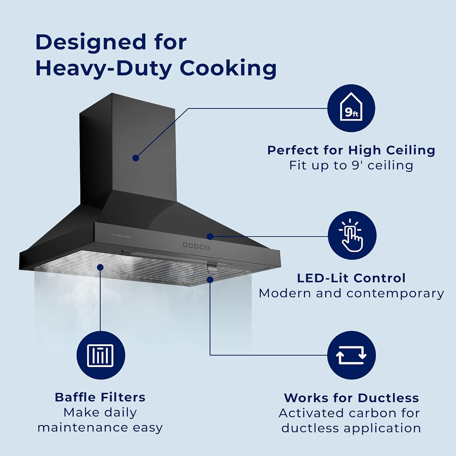 Hauslane | Chef Series 30&rdquo; WM-590 | Black Stainless Steel Fingerprint and Smudge Resistant | 3 Speed Wall Mount Kitchen Fan | Easy Clean Baffle Filters, LED | Duct or Ductless Options