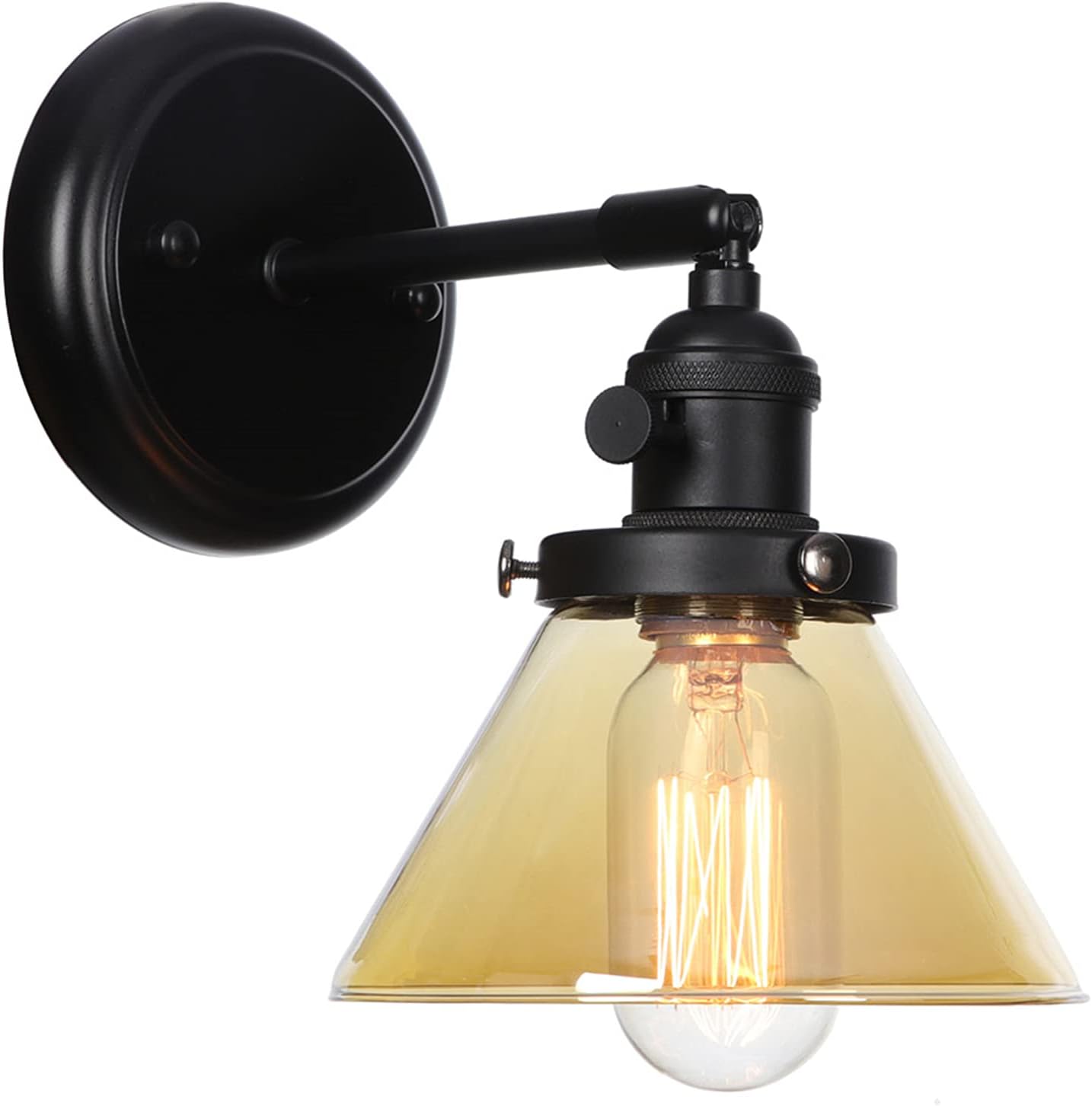 Wall Sconces with Switch, Modern Nordic Metal Reading Lighting Fixture Amber Glass Shade Wall Lights, Vanity Wall Lamps for Bedroom Bathroom,Black