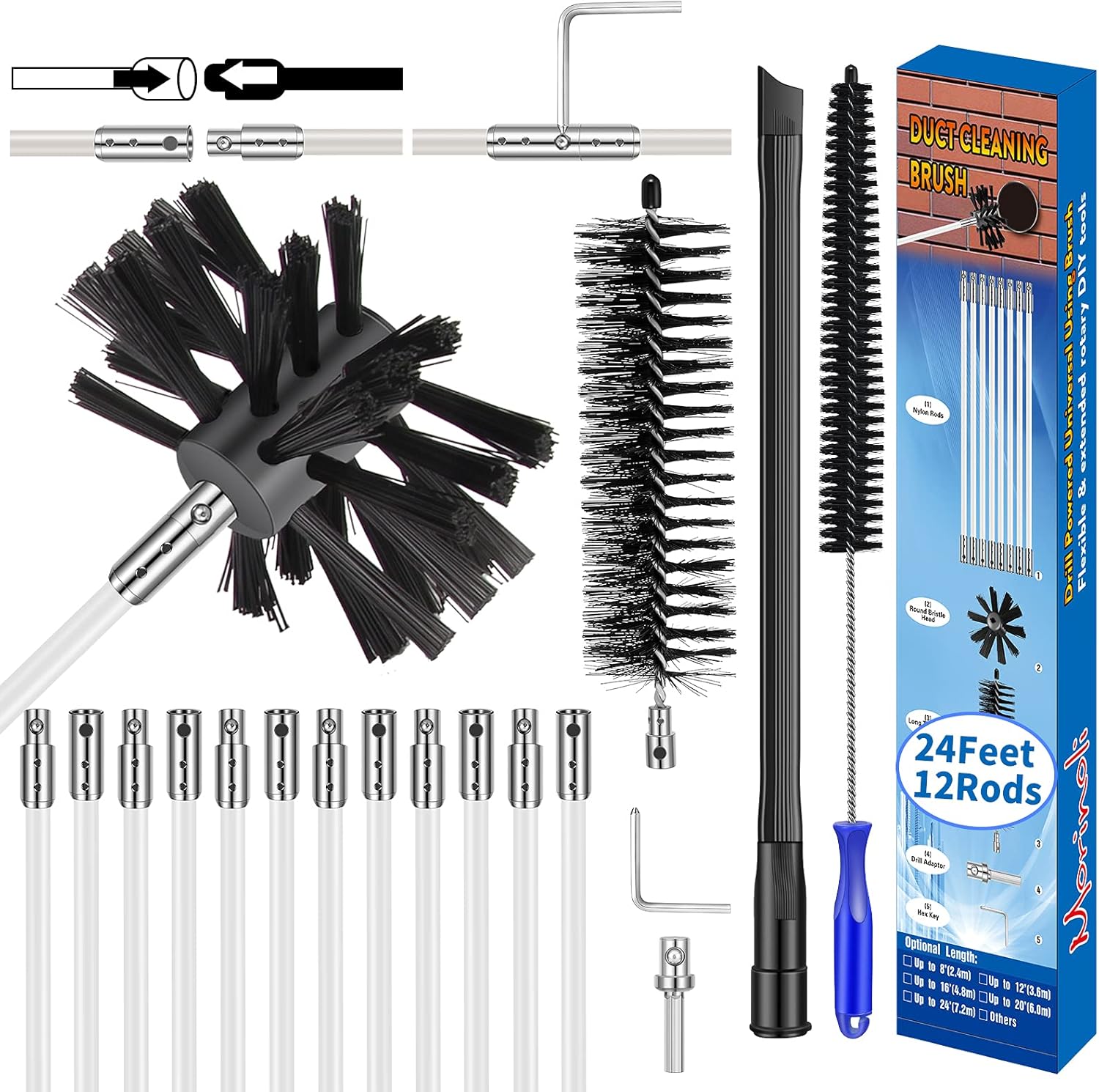 Morinoli 24 Feet Dryer Vent Cleaning Kit for Drill Lint Removes Dryer Vent Cleaning System Dryer Vent Cleaner Kit Vacuum Attachment Dryer Vent Nozzle Hose Attachment Dryer Lint Brush Vent Trap Cleaner Pack of 2