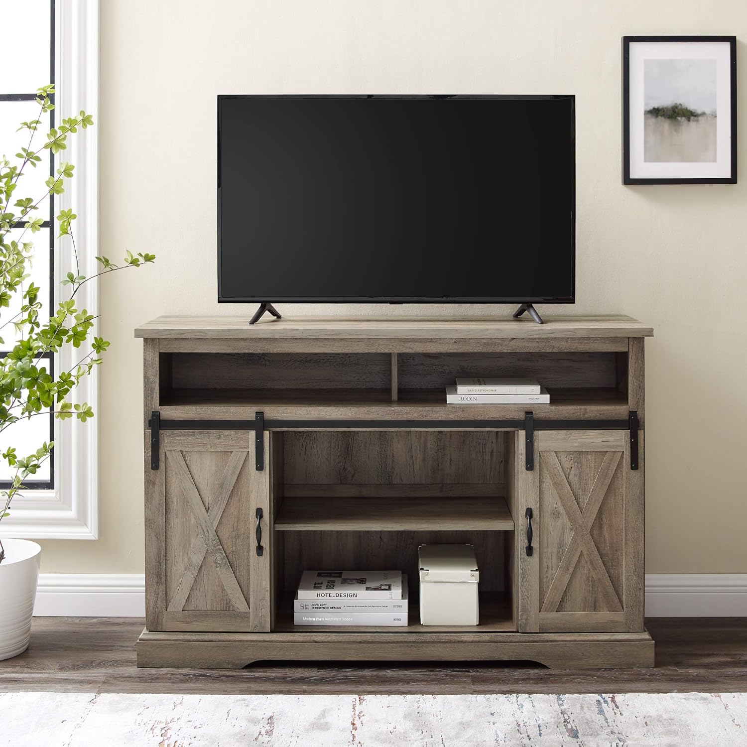 Home Accent Furnishings New 52 Inch Highboy Sliding Barn Door TV Console with Grey Wash Finish