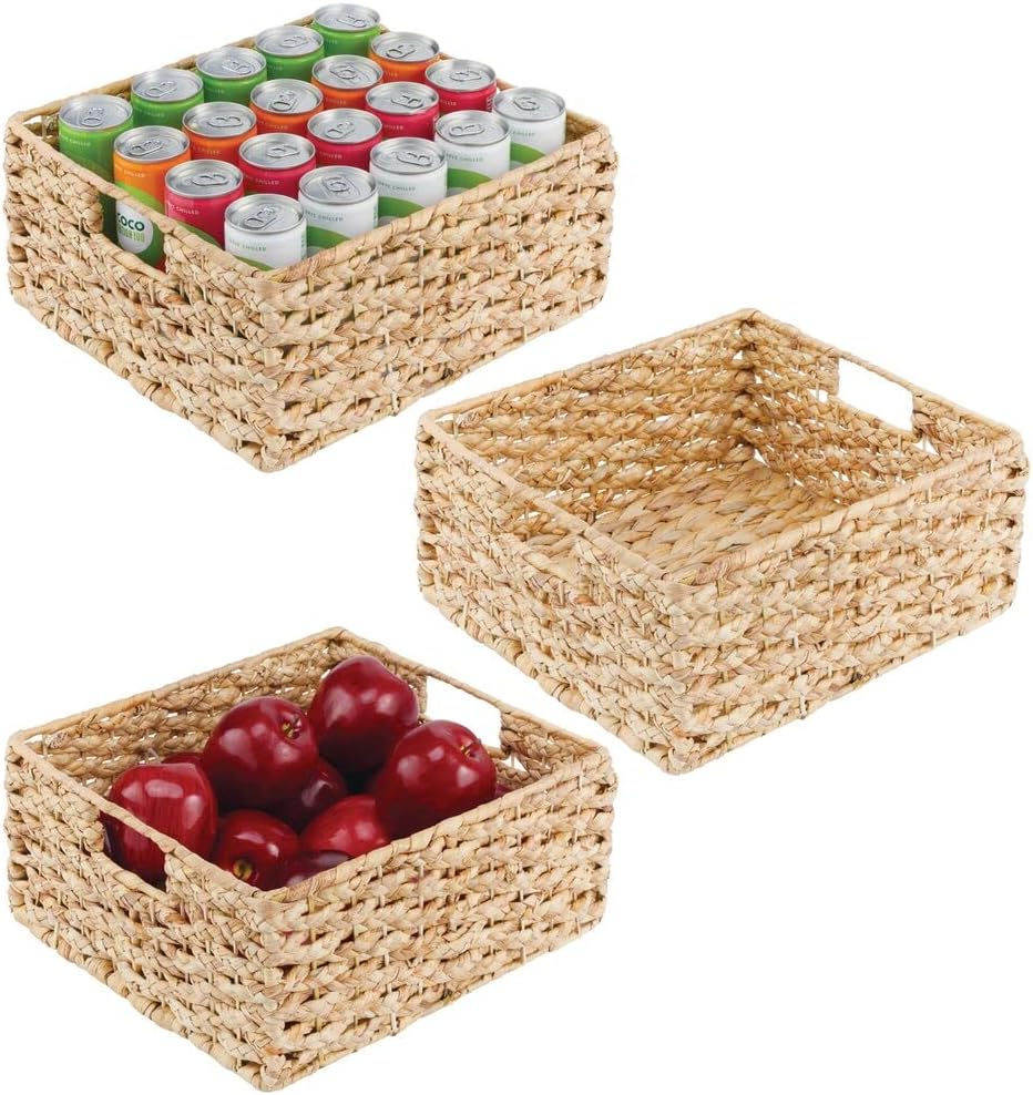 mDesign Water Hyacinth Braided Weave Kitchen Cabinet Pantry Basket with Built-in Chalkboard Label for Snacks, Produce, Vegetables, Pasta - Food Safe - 3 Pack - Natural Finish Pack of 2