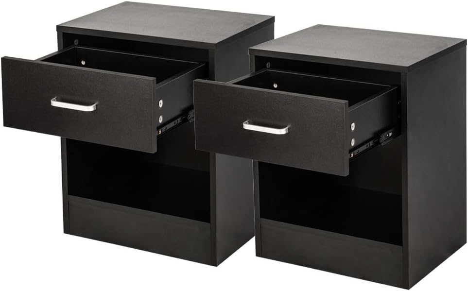 2pcs Night Stands with Drawer, Wood Accent Table Storage Shelf, Small, Black