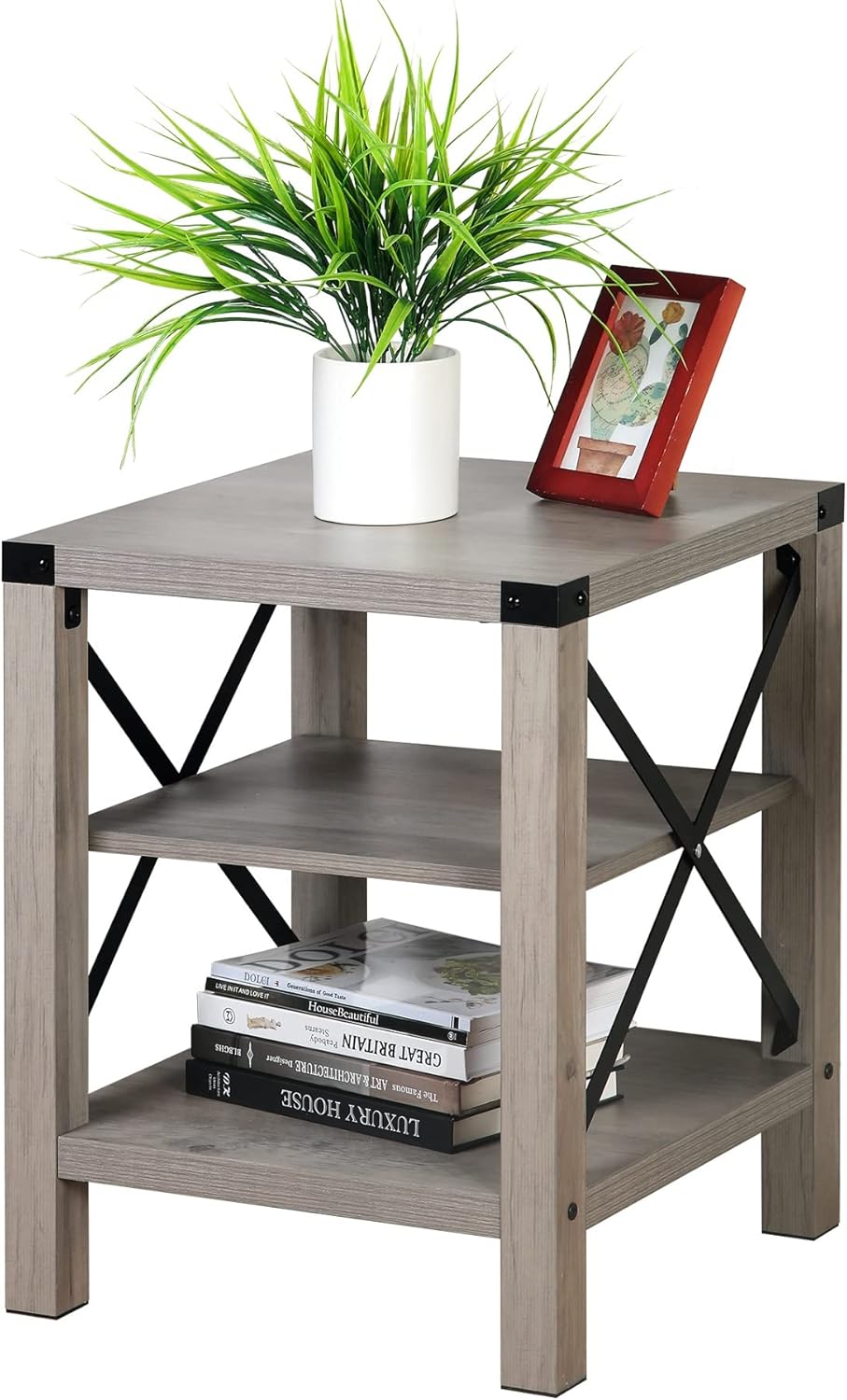 IDEALHOUSE Rustic End Table, Farmhouse Accent Cocktail Table Storage Shelf, Industrial Wood Look Tea Table, Sofa Center Table for Living Room, Side Table with X Metal Frame