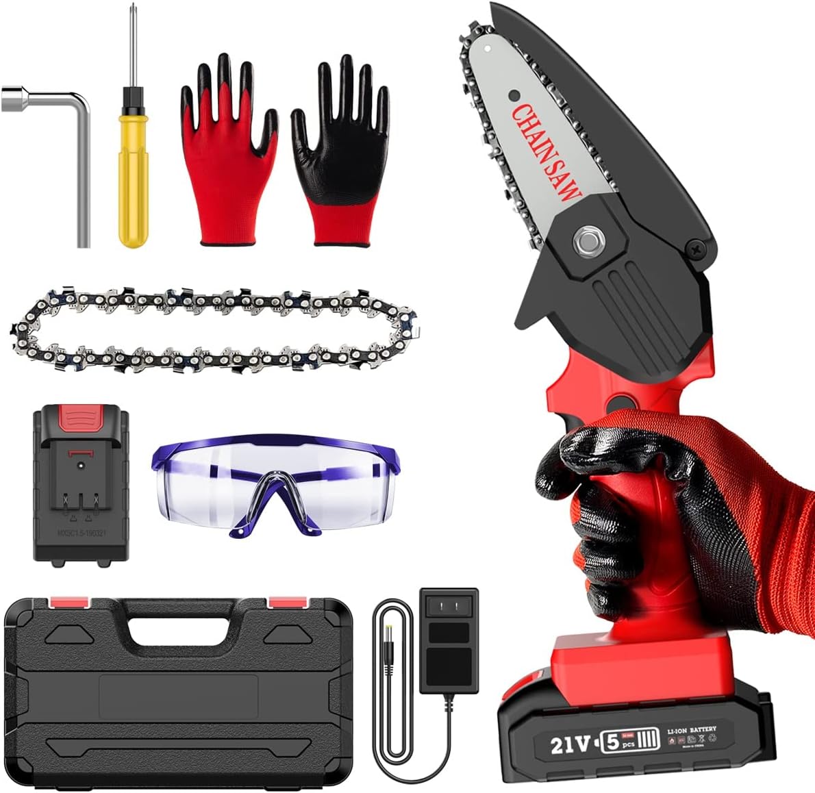 Mini Chainsaw, 4-Inch 21V Cordless Rechargeable Chain Saw Battery Powered Electric Saw for Tree Branch Wood Cutting (2 Batteries) Pack of 2