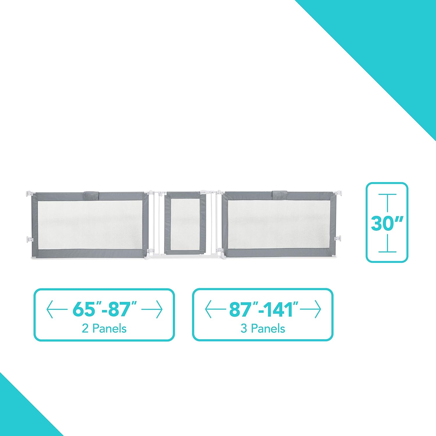 Summer Custom Fit Walk-Thru Extra Wide Baby Gate, Stylish Grey Mesh – 30” Tall, Fits Openings up 65” – 87” (2 panels) or 87” – 141” (3 panels), Baby and Pet Gate for Doorways Pack of 2
