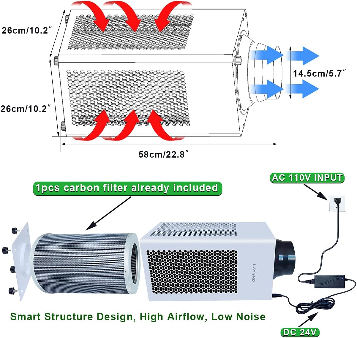 LAYOND 6&rdquo; Inline Duct Fan for Grow Tent Ventilation, 400CFM Super Quiet Carbon Filter Exhaust Fan Kit, Big Capacity Charcoal Filter, Variable Speed Controller, 10ft Ducting and 7ft Power Cord Adaptor