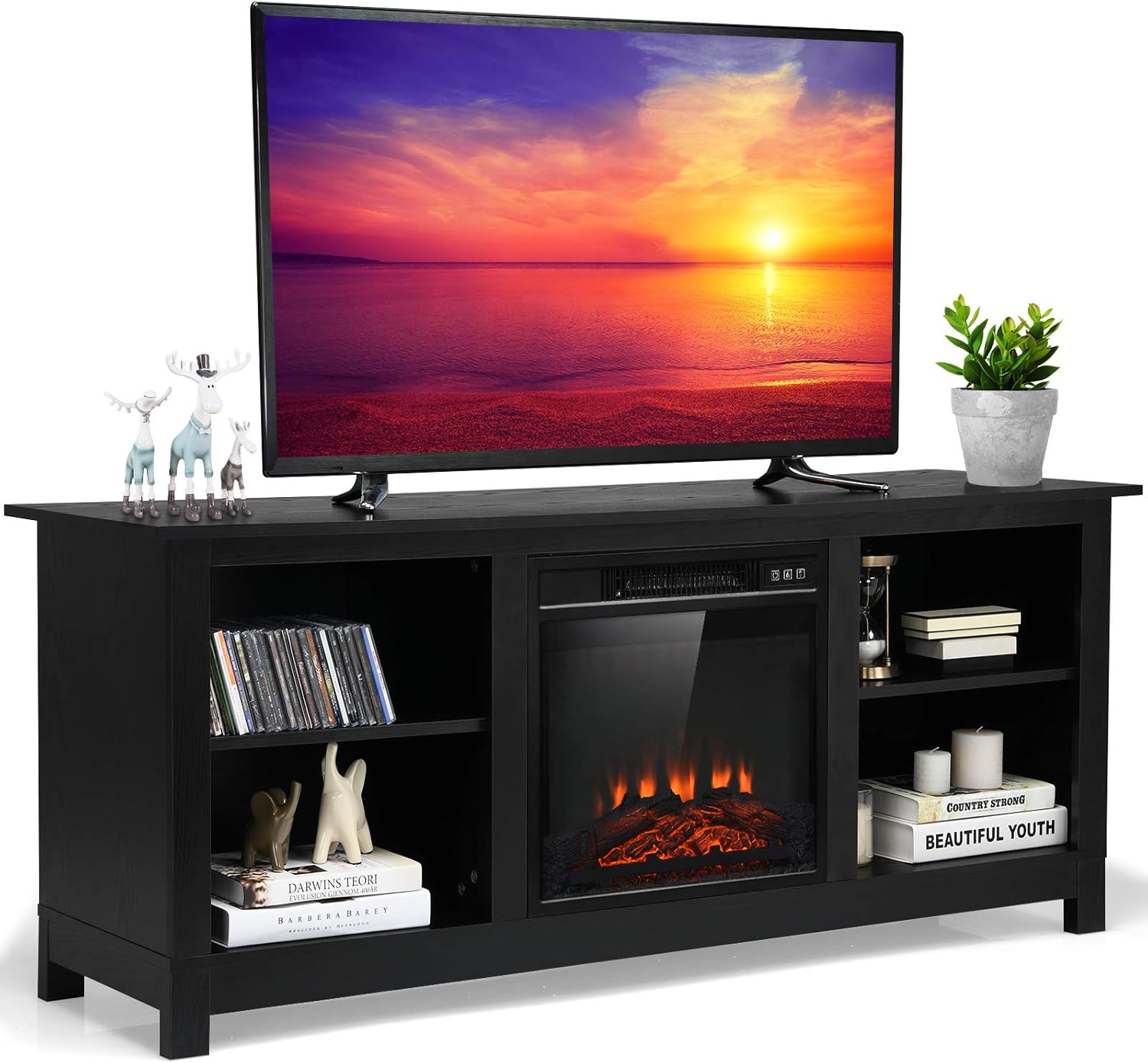 Tangkula Fireplace TV Stand, 1400W Electric Fireplace Stove TV Console Center for TVs up to 65 Inches, Home Media Stand w/ Fireplace, Remote Control & Adjustable Brightness for Living Room (Walnut)