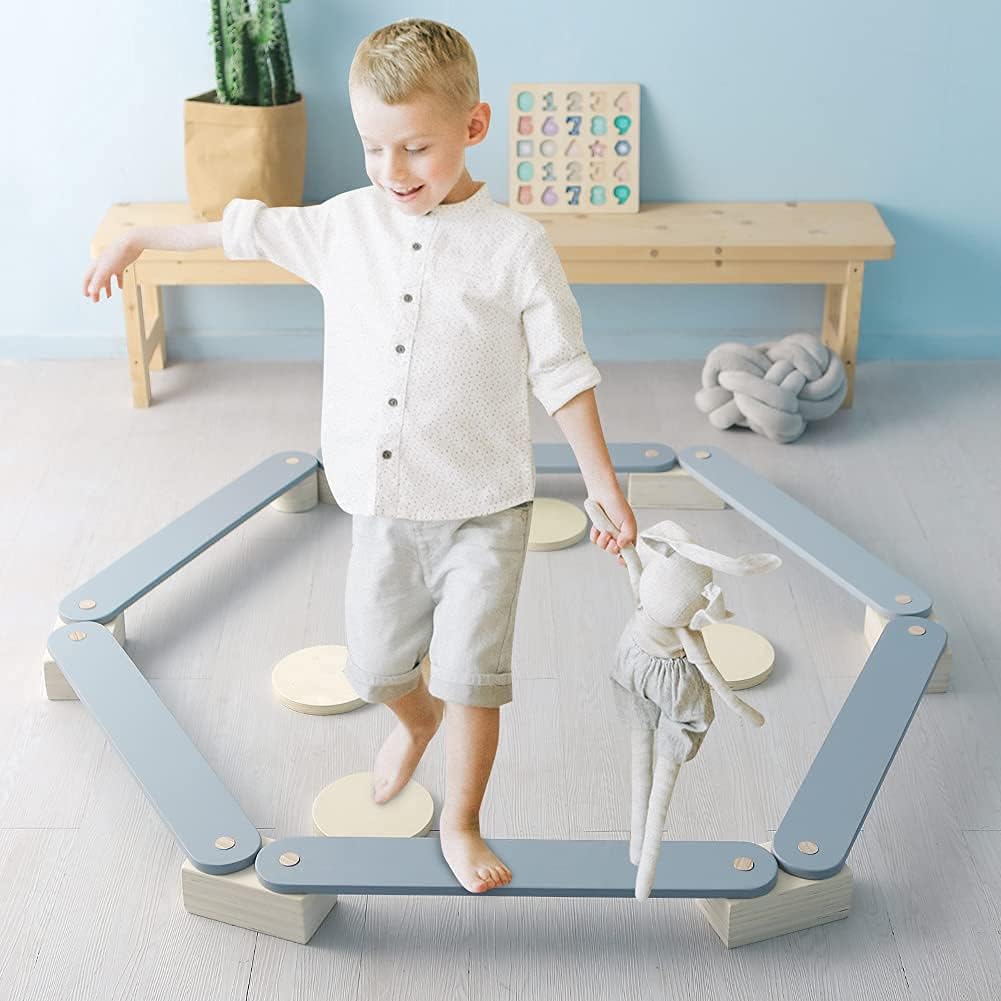 Wooden Balance Beam for Kids Stepping Stones Gymnastics Obstacle Course Montessori Furniture Avrsol Balance Board For Toddler Play Gym - Grey