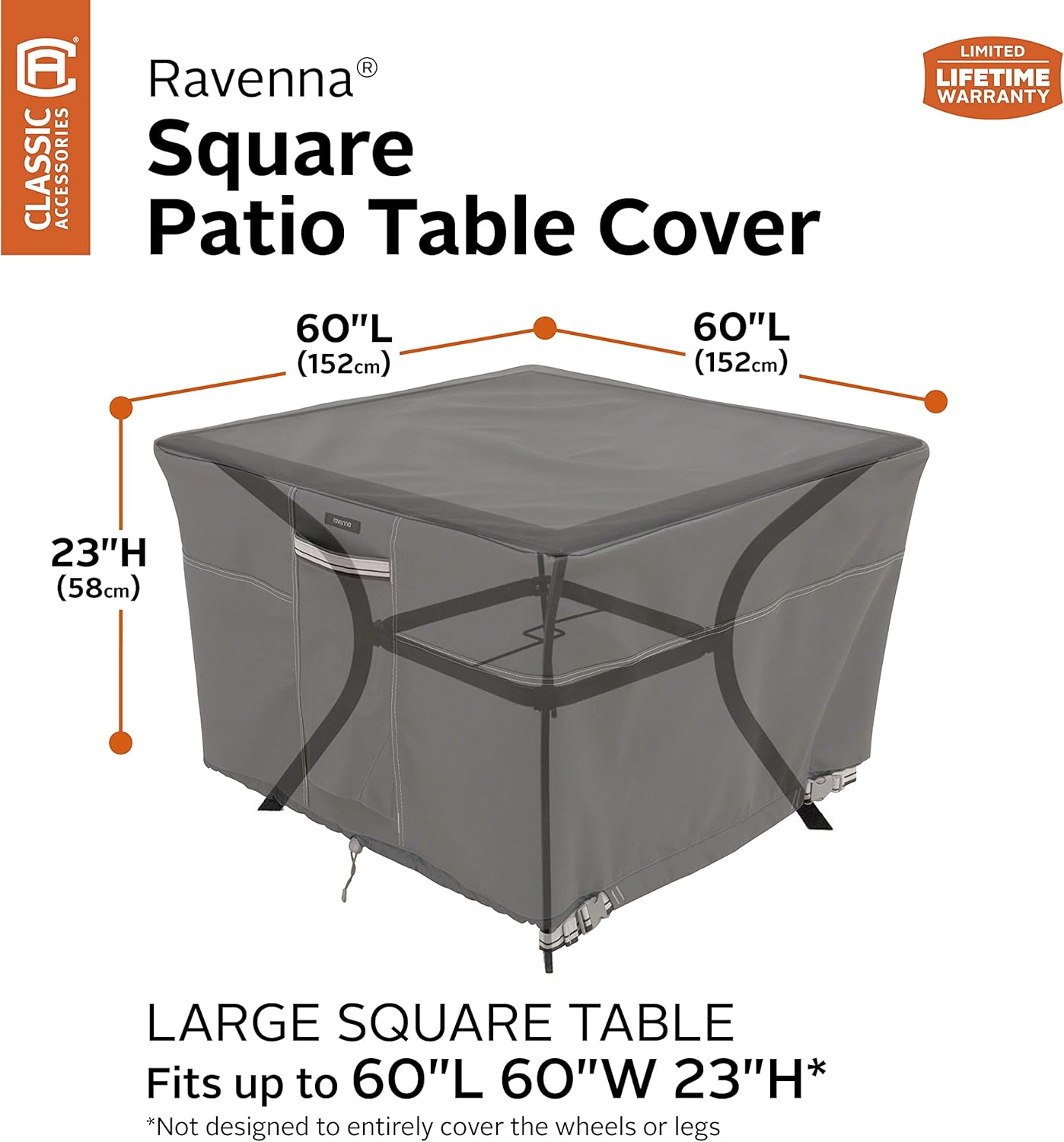 Classic Accessories Ravenna Water-Resistant 60 Inch Square Patio Table Cover, Outdoor Table Cover