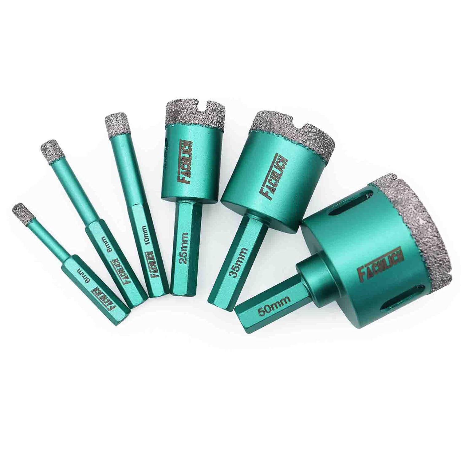FACHLICH Diamond Core Drill Bit Set,6pcs 6/8/10/25/35/50mm Porcelain Tile Drill Bit Granite Bit with Hex Shank Connection for Granite Marble Tile Porcelain Ceramic