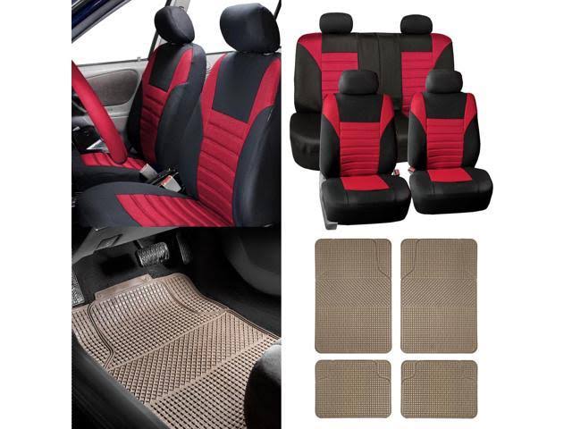 FH Group Seat Cover for Car SUV Van Red 60/40 Split Bench with Black Floor Mats Combo