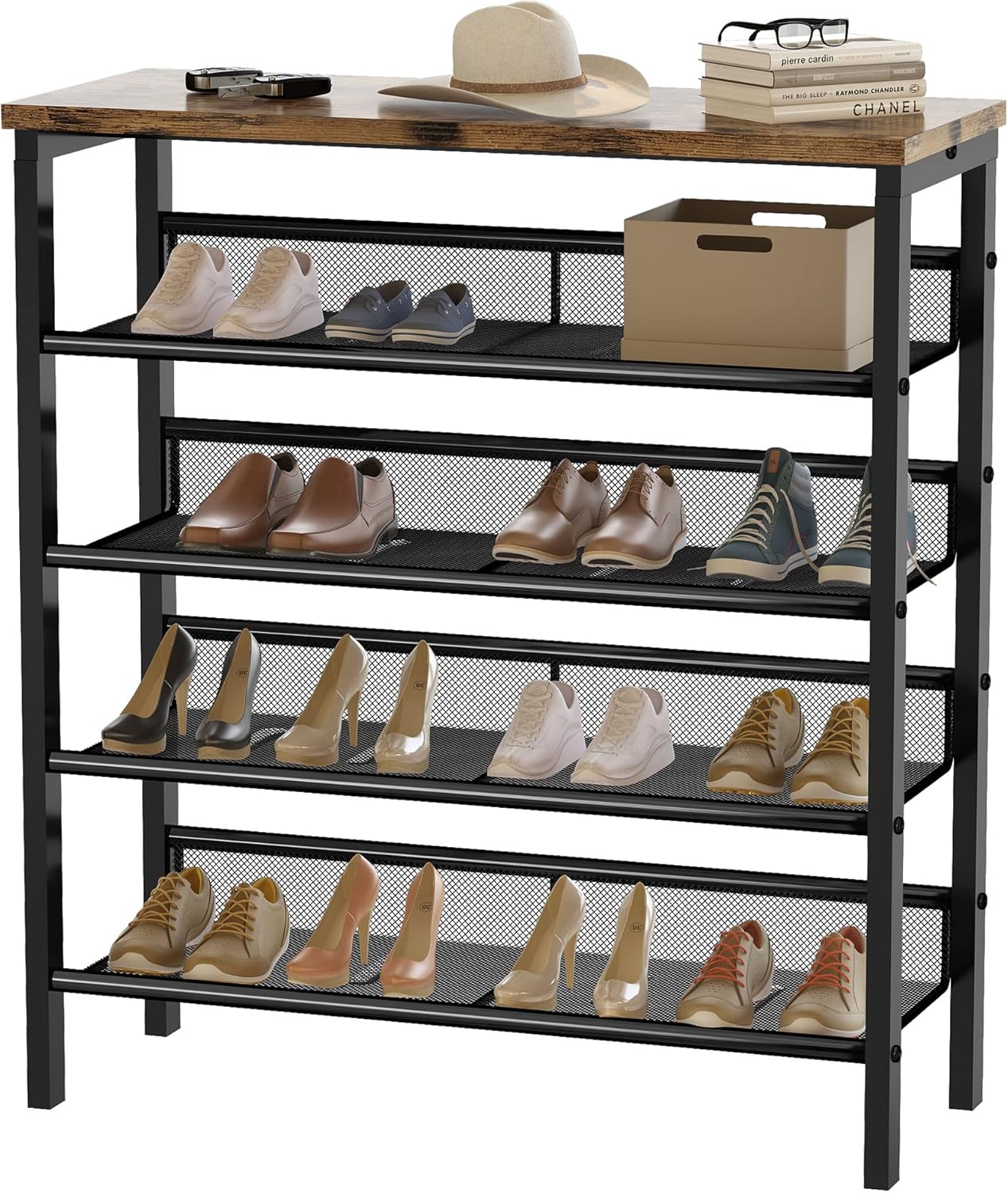 AWQM Shoe Rack, Industrial Free Standing Shoe Racks 5-Tier Storage Organizer with 4 Metal Mesh Shelves ,Metal Frame, Ideal for Entryway, Hallway, Balcony, 28.34