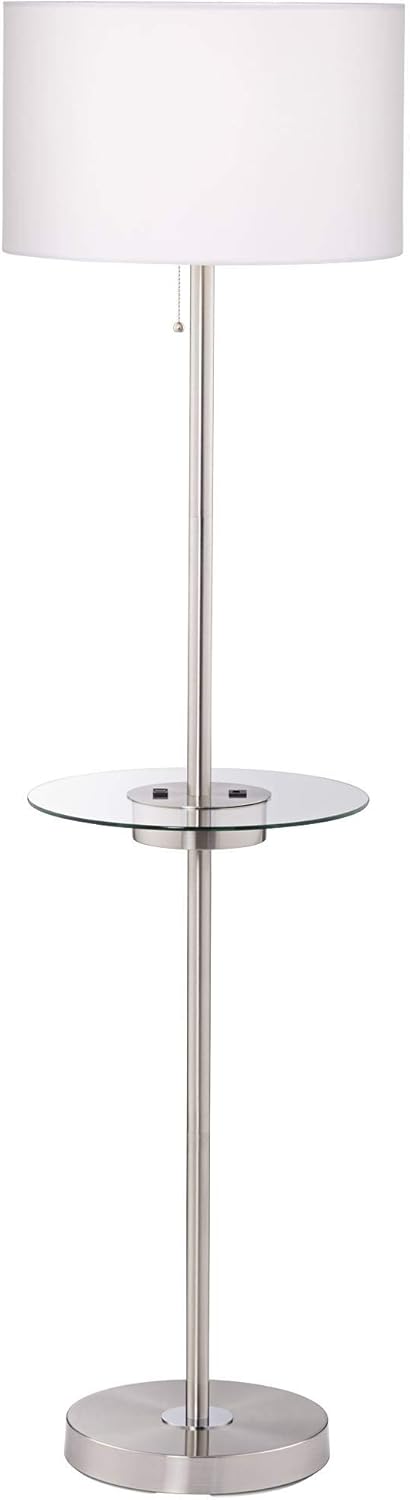 Caper Modern Contemporary Floor Lamp with Tray USB and AC Power Outlet on Table Glass Satin Nickel White Fabric Drum Shade for Living Room Reading House Bedroom Home Office - 360 Lighting