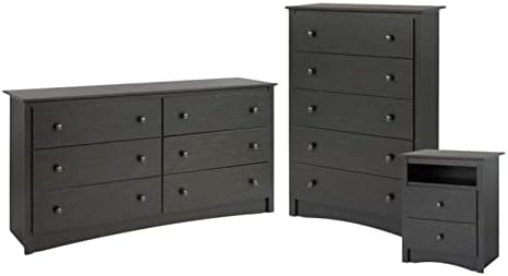 Home Square Classical 3 Piece Set with Wooden Nightstand Bedroom Dresser and Chest in Black