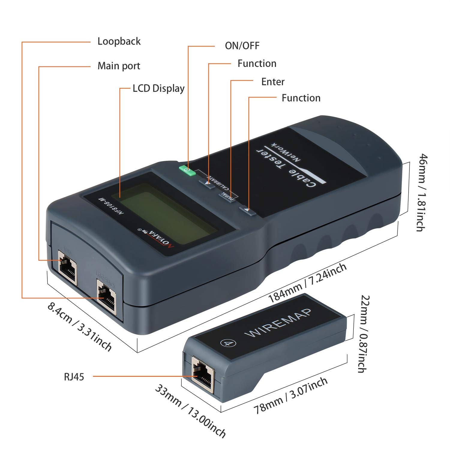 Network Cable Tester - NOYAFA Cable Wire Fault Finder for RJ45 Cat5, Cat6, 5e, 6e Measure Length, Locate the Breakage Point, Check Wiring Error with 8 Far-end Passive Test Jacks