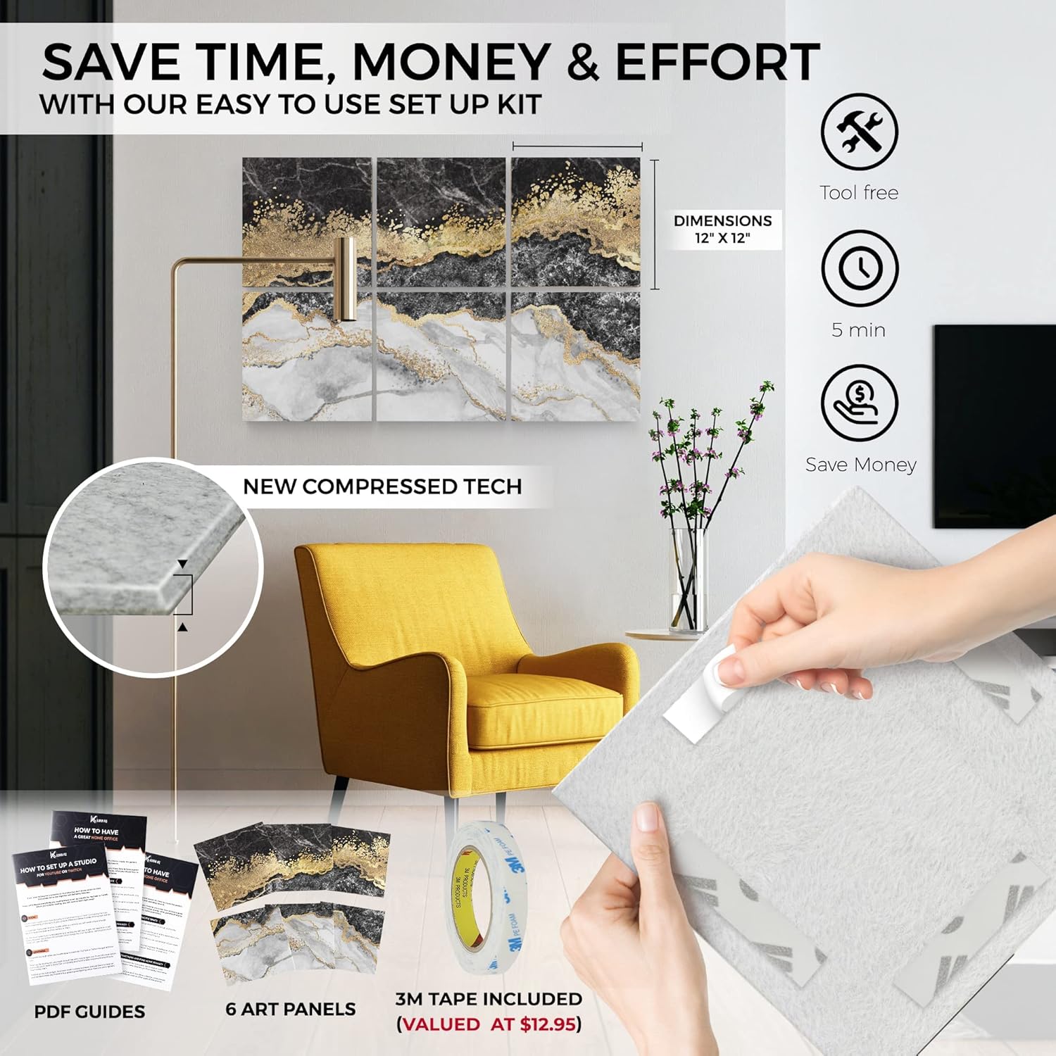 Black Marble Sound Absorbing Wall Art | Premium 6 Sound Blocking Panels with 3M Tape | Luxury Acoustic Panels Decorative