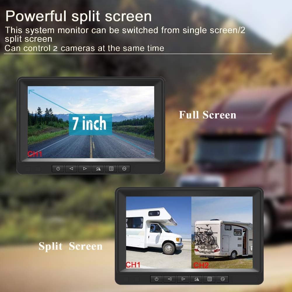 FHD 1080P Digital Wireless Backup Camera Kit, 7” LCD Monitor with Blue Backlit Buttons Support Split Screen, Two Cameras IP69 Waterproof IR Night Vision for Bus/RV/Truck/Trailer/Motorhome/Boat