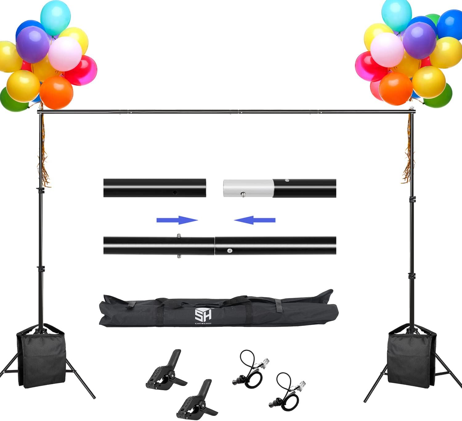 SH Backdrop Stand, 6.5 x 10 ft Adjustable Heavy Duty Photography Background Support System Kit with Spring Clamp, Sand Bag, Carry Bag, for Photo Video Studio