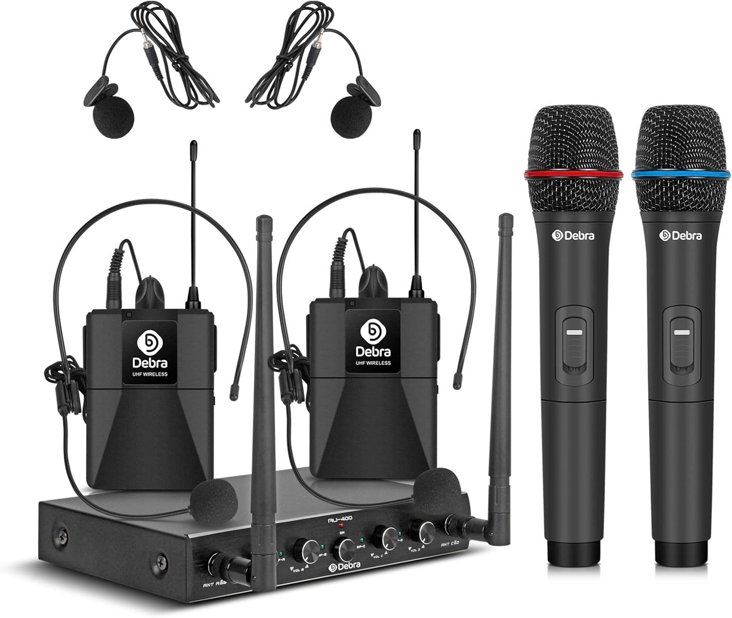 D Debra PRO UHF 4 Channel Wireless Microphone System with Cordless Handheld Lavalier Headset Mics, Metal Receiver, Good for Karaoke Church Party (2 Handheld & 2 Bodypack)