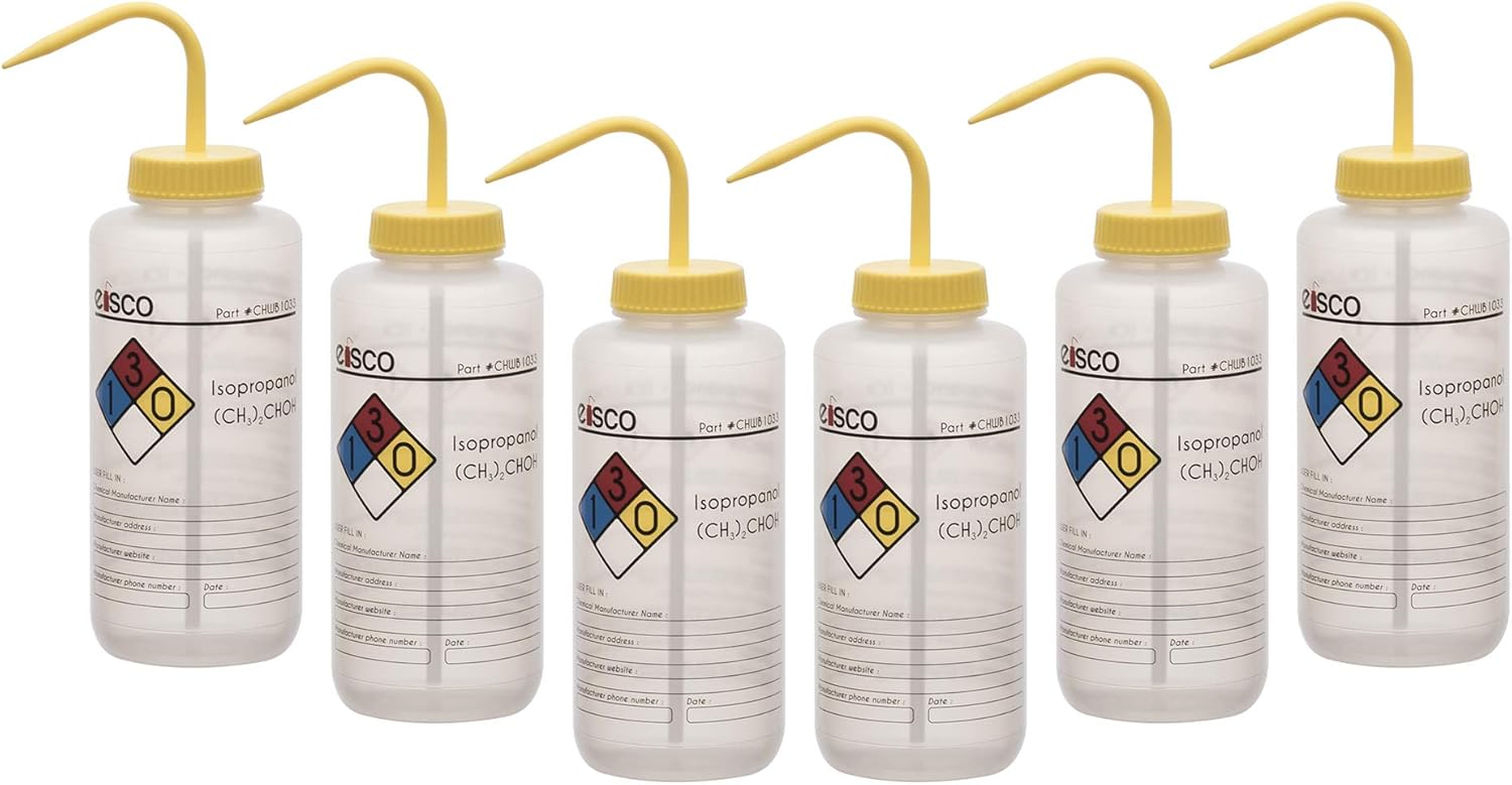 6PK Wash Bottle for Isopropanol, 1000ml - Labeled with Color Coded Chemical & Safety Information (4 Colors) - Wide Mouth, Self Venting, Low Density Polyethylene - Eisco Labs Pack of 2