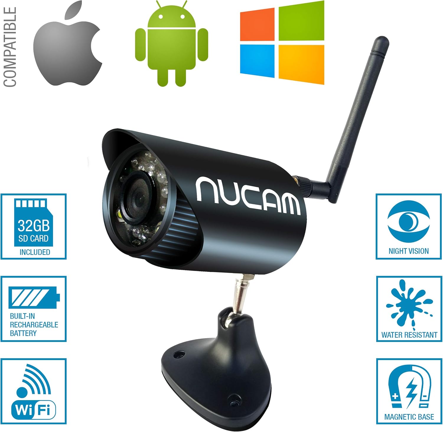 NUCAM 32GB Wireless Portable Magnetic Base Battery Powered RV/Trailer/Truck Hitch Backup Camera NuCam WR Surveillance IP Camera w. 1/4