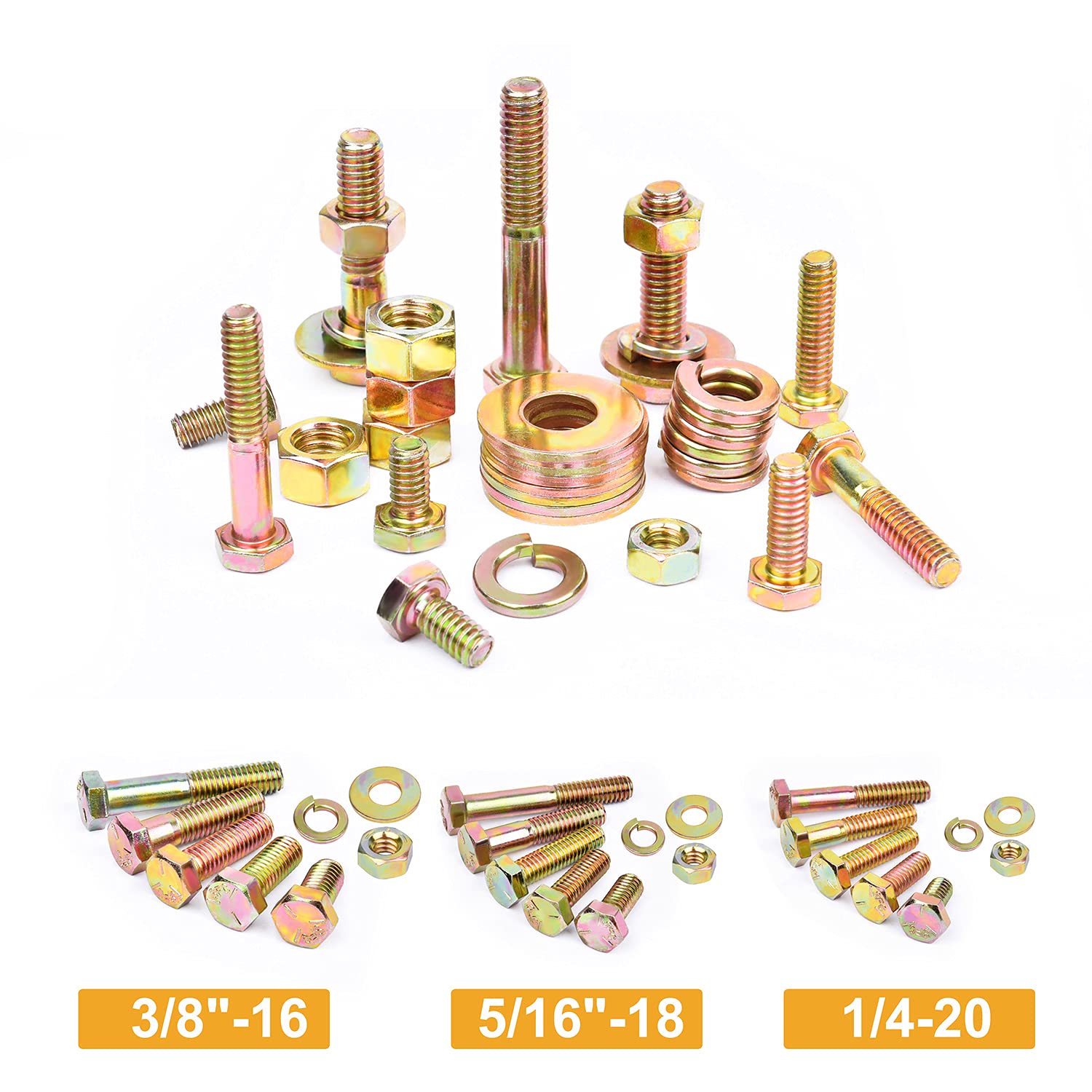 VIGRUE 467PCS Heavy Duty Bolt Nut Washer Assortment 1/4-20 5/16-18 3/8-16 Hex Head Cap Screws USS Nut Bolt Flat and Lock Washer Kit, Coarse Thread, Grade 5 Pack of 2