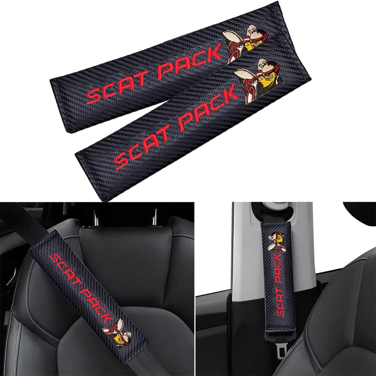 Seat Belt Covers for Dodge Scat Pack Charger Challenger - 2 Pcs Black Carbon Fiber Car Seatbelt Shoulder Strap Pads Safety Belt Covers Protective Sleeves with Printed Car Logo