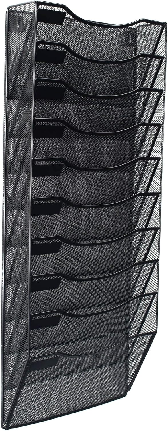 Klickpick Office 10 Sections Hanging Files Wall Mounted Metal Mesh Document File Organizer Magazine Holder Rack Organizer Racks Multipurpose Use to Display Files, Magazine, Newspapers- Black Pack of 2