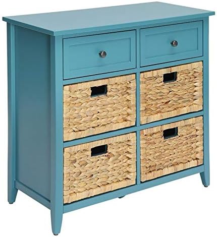 BOWERY HILL 6 Drawers Accent Chest/Console Table with 4 Front Only Wicker Baskets t in Teal