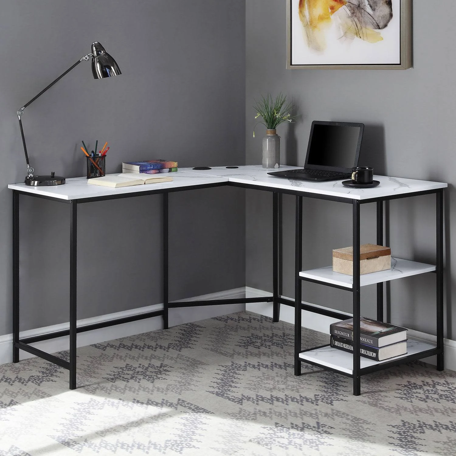 Acme Taurus Built in USB Port Writing Desk in Faux Marble and Black Finish