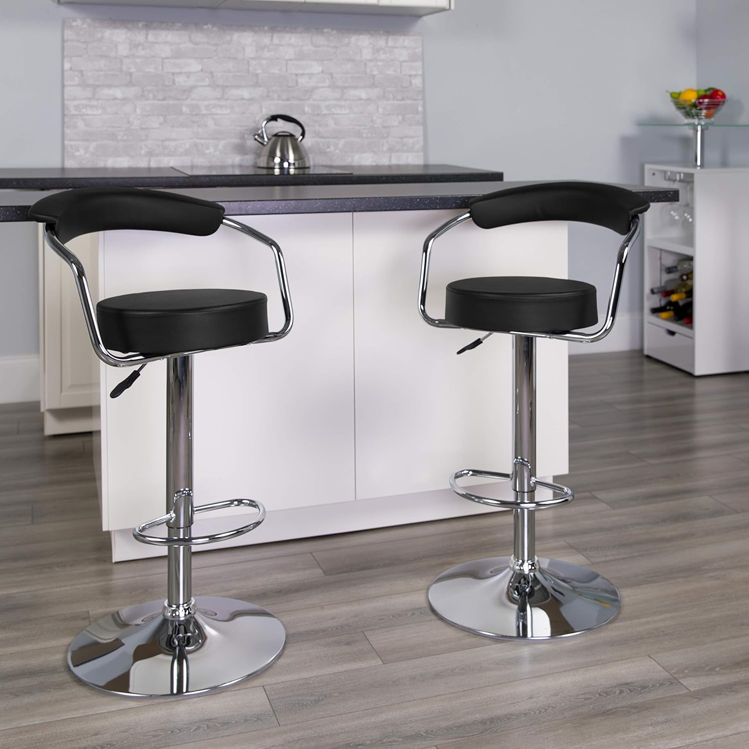 Flash Furniture 2 Pk. Contemporary Black Vinyl Adjustable Height Barstool with Arms and Chrome Base