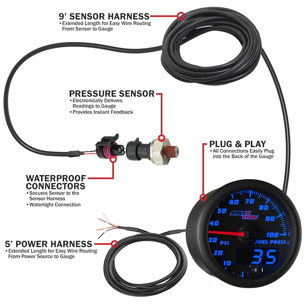 MaxTow Double Vision 100 PSI Fuel Pressure Gauge Kit - Includes Electronic Sensor - Black Gauge Face - Blue LED Illuminated Dial - Analog & Digital Readouts - for Trucks - 2-1/16
