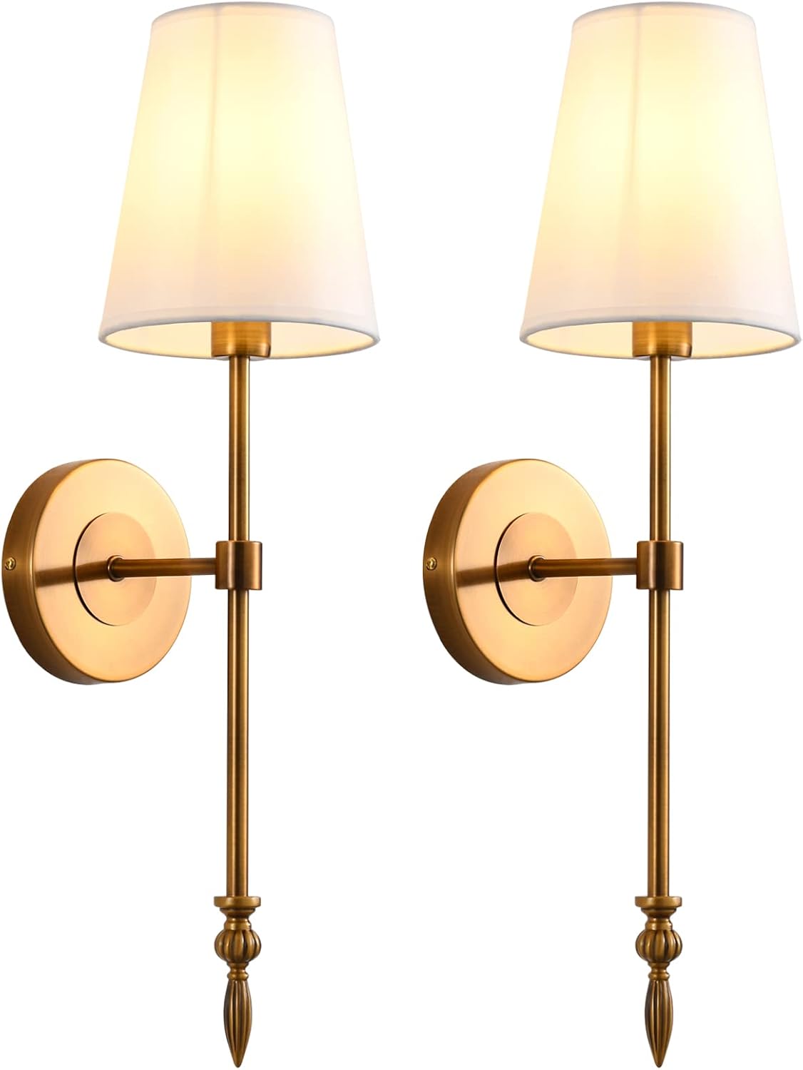DASTOR 2-Pack Industrial Wall Sconce with Flared White Textile Lamp Shade, Antique Brass Indoor Wall Light Fixtures for Bedroom Living Room