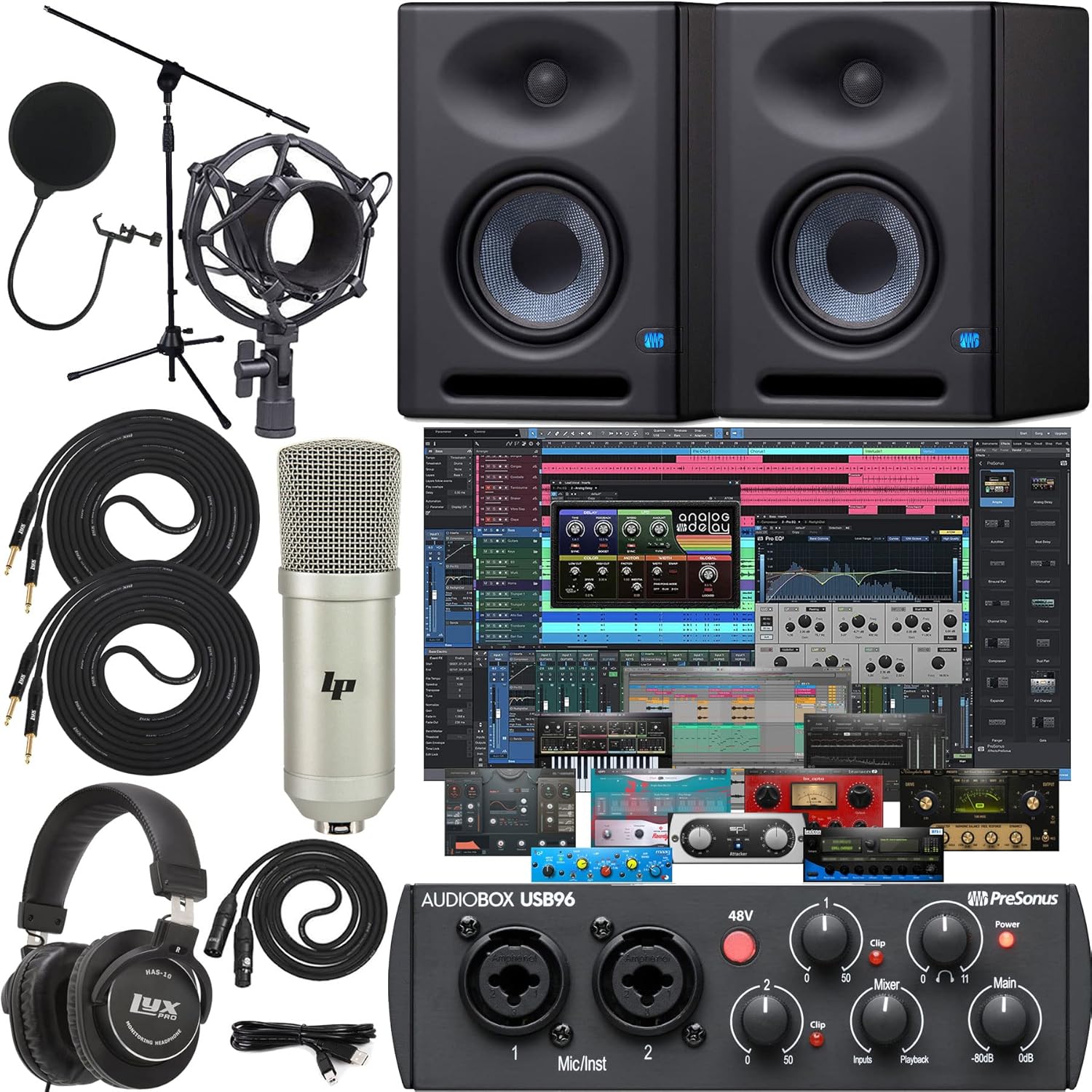 Presonus AudioBox 96 Recording Audio Interface with Creative Software Kit and Studio Bundle and Eris E5 XT Pair Studio Monitors with EBM Wave Guide Design and 1/4 Cables