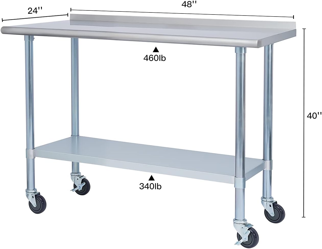 EASE-WAY Stainless Steel Metal Table NSF for Commercial Kitchen Prep & Work, 24 x 48 Inches Worktable with Backsplash, Adjustable Shelf and Caster Wheel, for Industrial Restaurant, Home and Garage