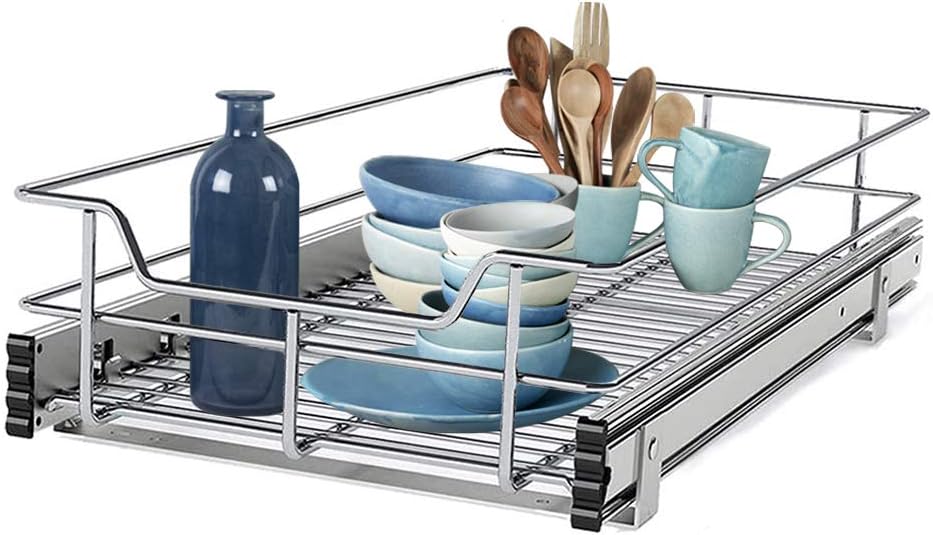STORKING Pull Out Organizer Single Wire Basket Shelf Sliding Drawer Storage for Kitchen Base Heavy Duty Cabinets, 11”W x 22”D Cabinet Opening Wire Frame Chrome Plating Finish Pack of 2