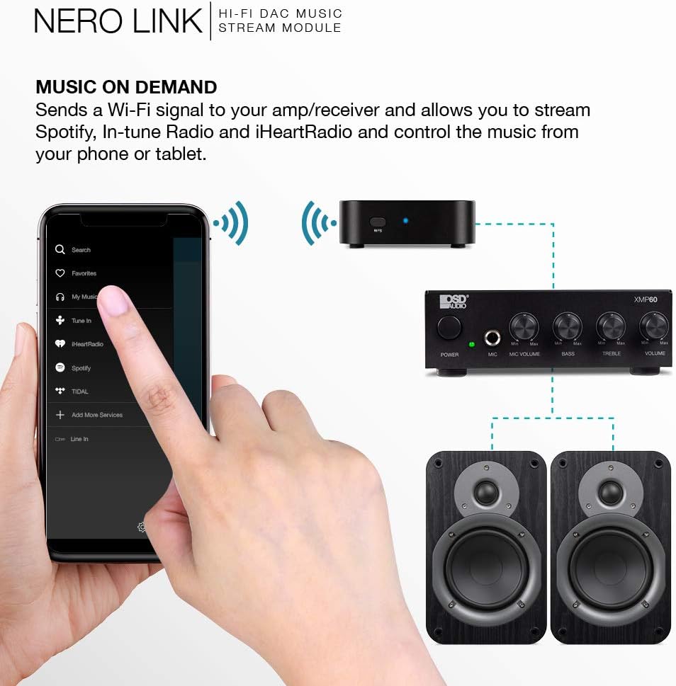 OSD App Controlled Compact WiFi Amplifier, XMP60 Class D 60W Amp w/Nero Link Hi-Fi Streaming Receiver Spotify, iHeartRadio
