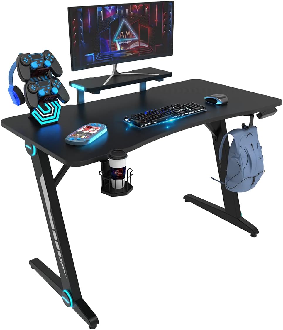 JOY Worker Gaming Desk, 47 Inch RGB LED Light Gaming Computer Desk, Z-Shaped Gamer Desk with Headphone Hook and Cup Holder, Home Office Desk for Game Workstation with Handle Rack, Monitor Stand, Black