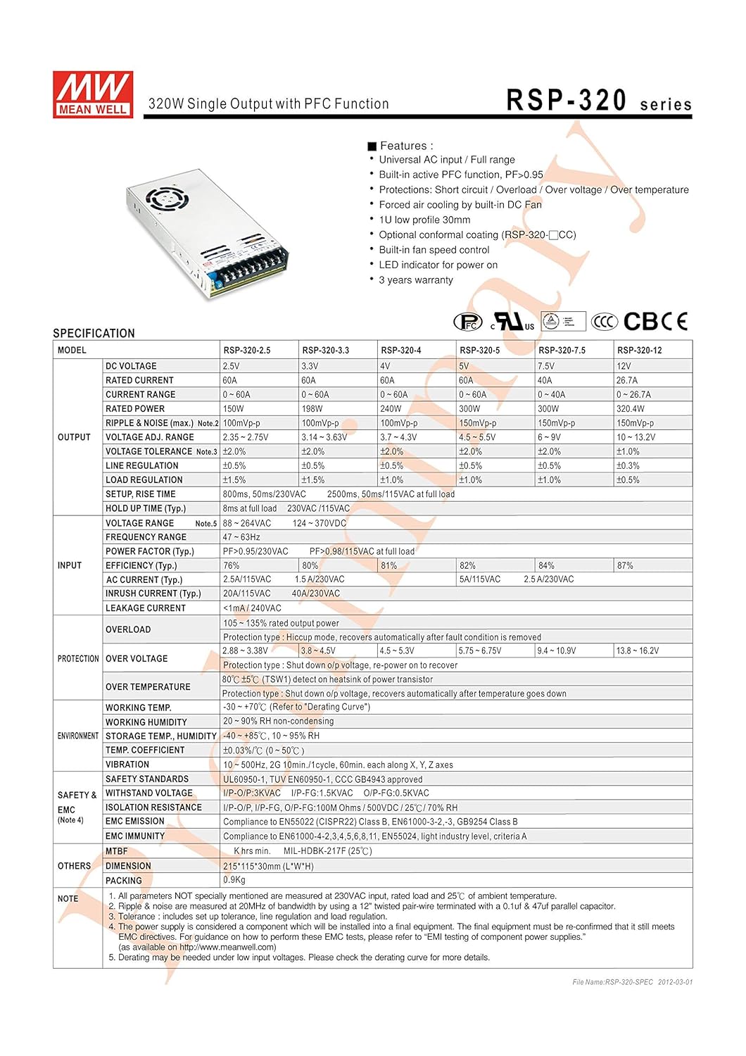 AC to DC Switching Enclosed Power Supply with PFC Function 7.5 Volts 40 Amps 300 Watts