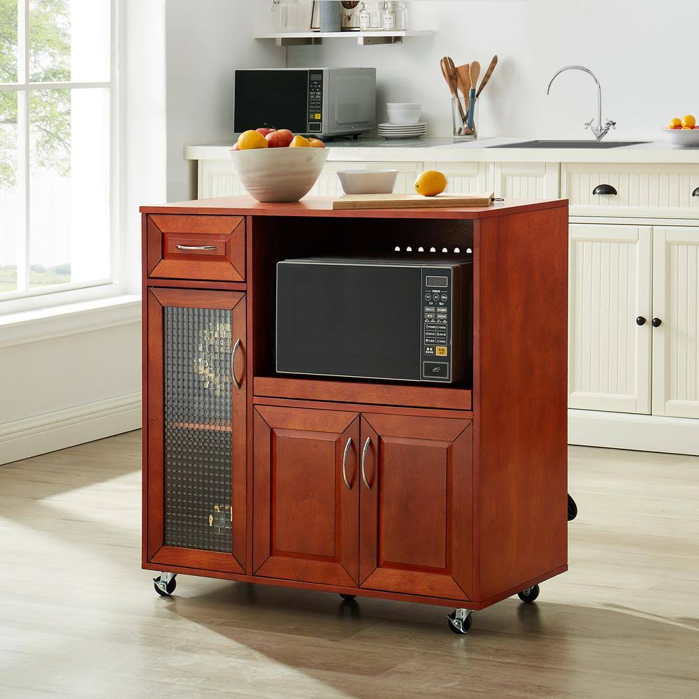 Good u0026 Gracious 35.25 in. Walnut Microwave Cabinet Kitchen Cart with Adjustable Interior Shelves and Locking Wheels, Brown