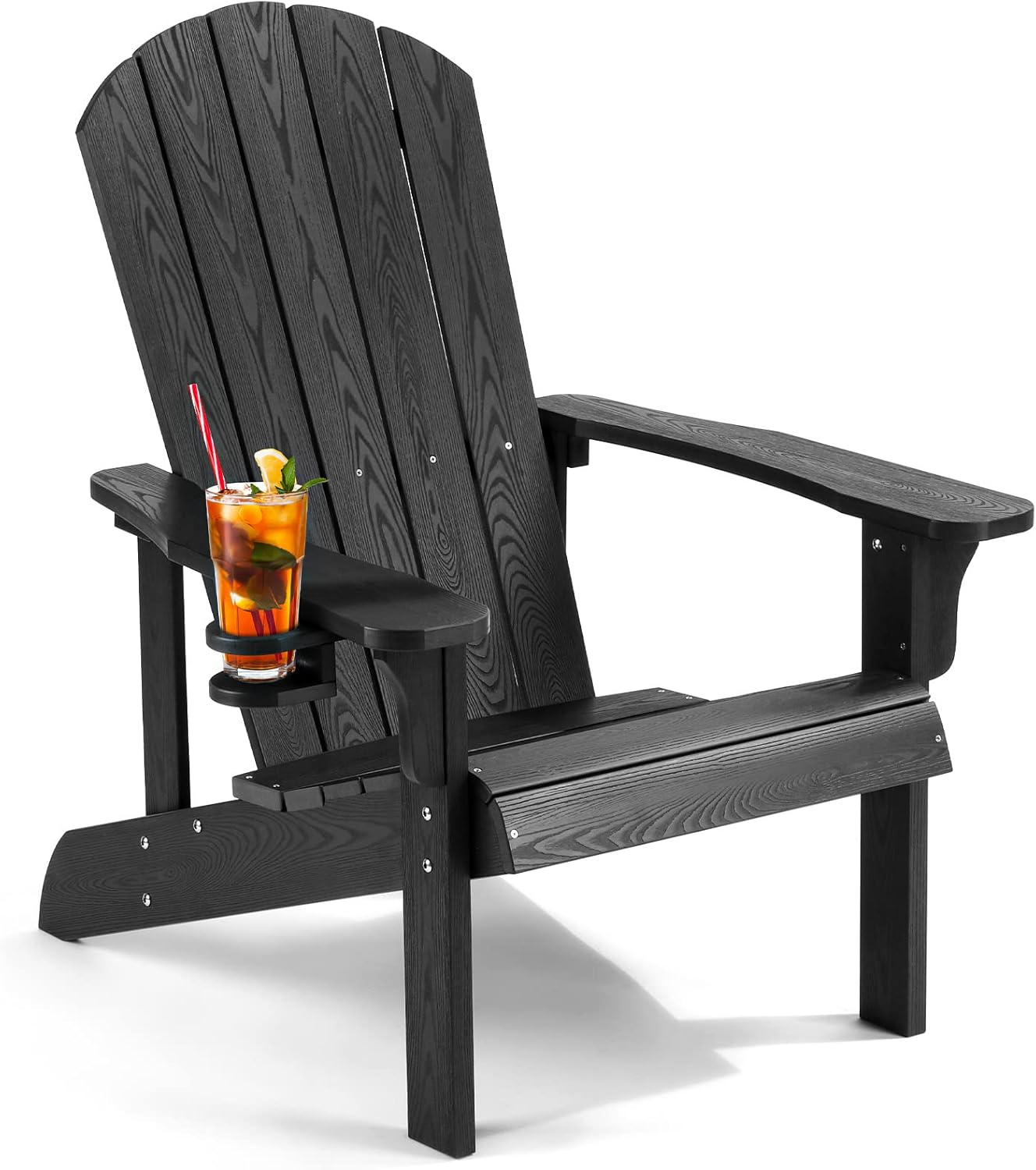 Leteuke Adirondack Chair with Cup Holder, Weather Resistant Plastic Adirondack Chair, Like Real Wood and Easy to Assemble, Fire Pit Chair for Outdoor, Lawn, Garden, Campfire, Patio (Wooden Color)