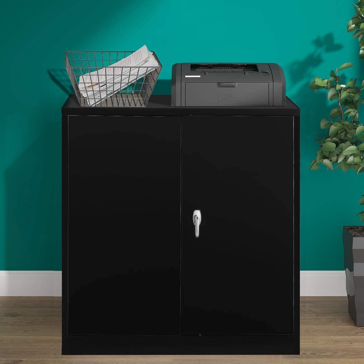 Steel Storage Cabinet Lockable Metal Storage Cabinets with 2 Adjustable Shelves Counter Height Cabinet Jumbo Storage Cabinet for Office or Home (Morden Black)