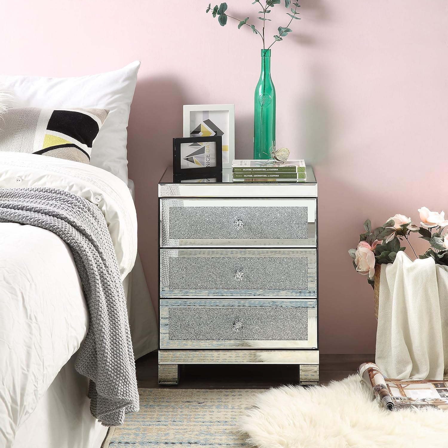 Mirrored Nightstand with 3 Drawers, Modern Small Crystal Diamond End Table Mirror Accent Silver Table, Nightstand with Drawers Bedroom Mini Cabinet from Mireo Fine Furniture