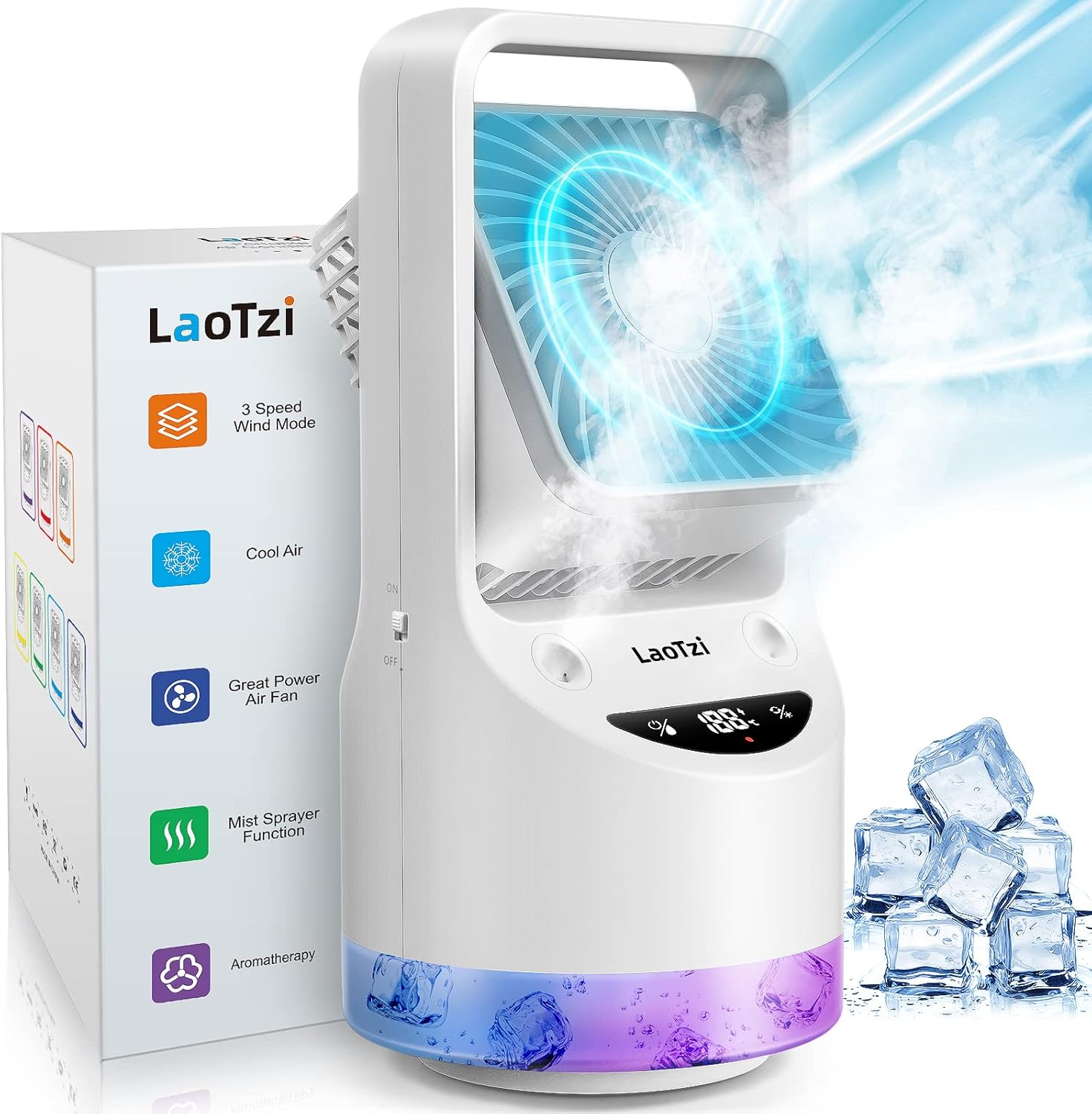 Rechargeable Portable Air Conditioner Fan, Evaporative Mini Air Conditioner with 3 Speeds 7 Colors, Portable Desk Cooler Fan with Aromatherapy for Window, Room, Home and Office Pack of 2