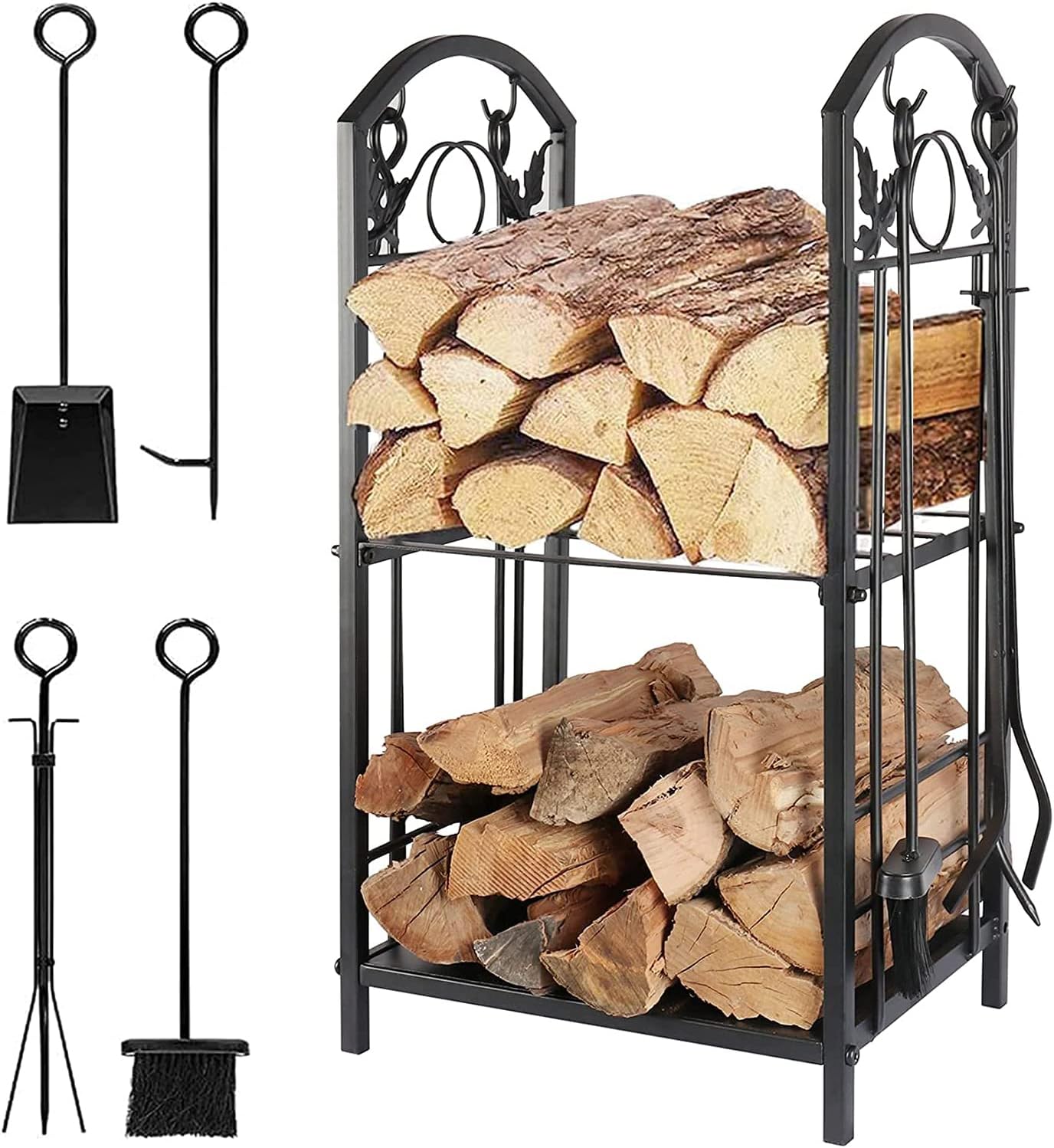 Double Decker Firewood Log Rack,Fireplace Tool Rack with 4 Tools Sets,Indoor Wood Holder,Lumber Storage Stacking Log Holder Rack with Tongs Accessories for Patio, Backyaard, Indoor, Outdoor